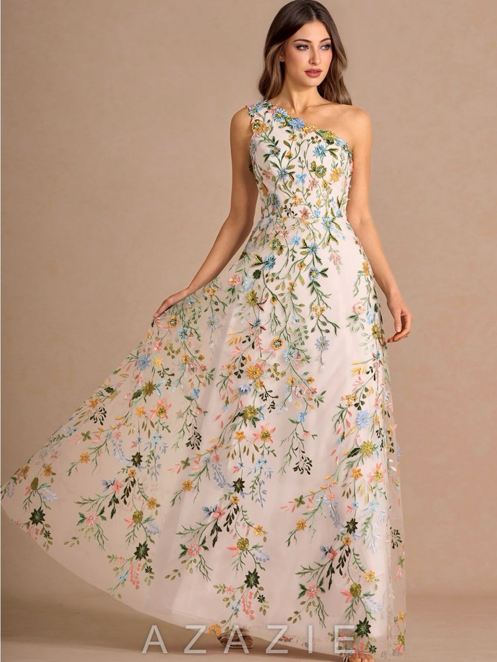 Azazie Meribel Blush Pink Floral Embroidered One-Shoulder Maxi Dress - 2
